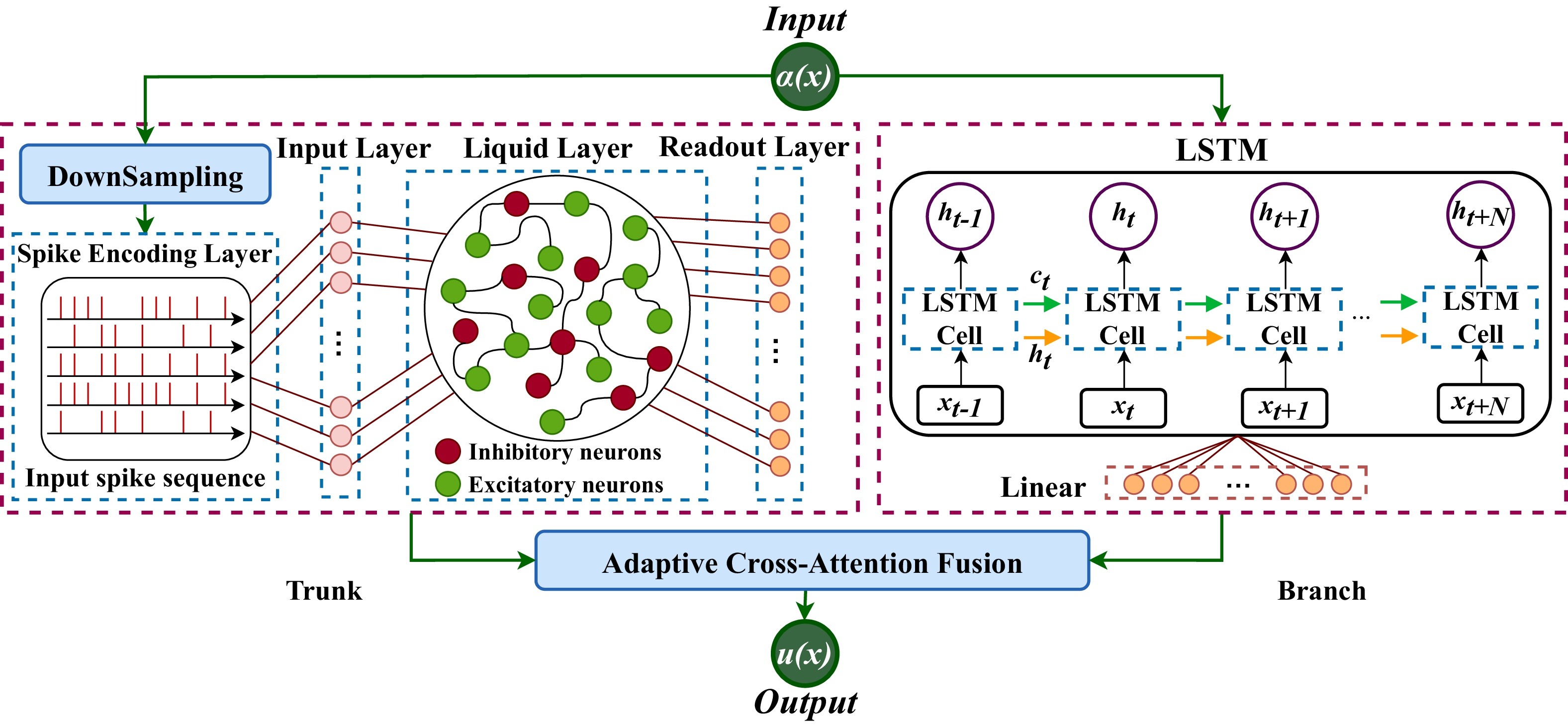 LDNO liquid-state and LSTM operator architecture